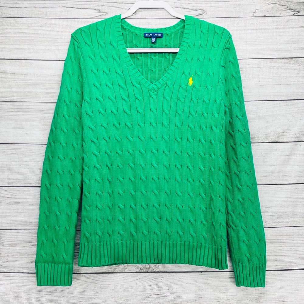 Ralph Lauren Women XL Green Cable Knit V-Neck Cotton Sweater Yellow Pony Logo